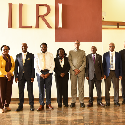 ILRI management with Hon. Jonathan Mueke, PS for Livestock Development; Vivian Nain, Head of Mission for the Cameroon Consulate in Kenya, Ambassador Ali Mohamed, Special Climate Envoy for Kenya; and Hon. Kello Harsama, PS for Crop Development; at ILRI on 2 August 2023 in Nairobi, Kenya. (ILRI / Terry Mwenda)