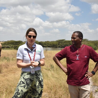 Claudia Arndt, co-leader of Mazingira Centre at ILRI, and Bernard Kimoro, Head of Climate Change and Livestock at the Kenya State Department for Livestock, explain the biggest livestock issues in Kenya and partnership with each other. Photo by K.Tam/ILRI.