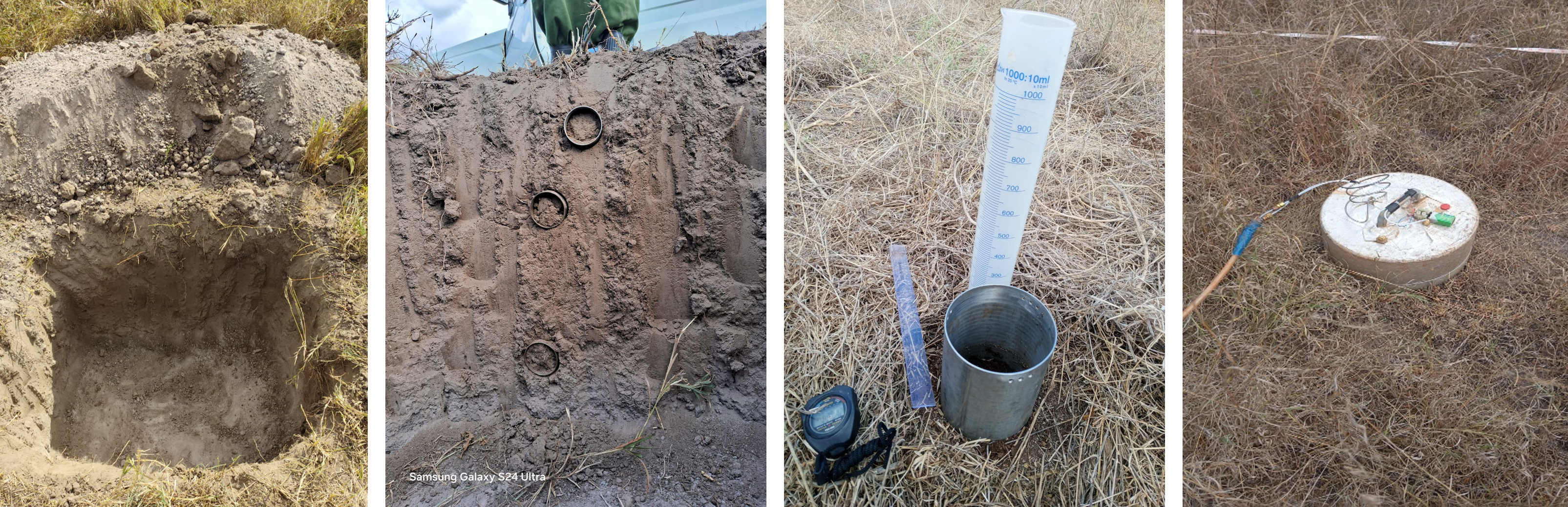 Left: Soil pit dug for soil sample collection. Middle-left: Soil sampling rings inserted at different depths. Middle-right: Equipment to measure water infiltration into the soil. Right: Flux chamber to measure GHG emissions from soil.