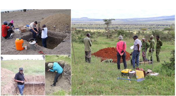 The soil surveys took place in January and May 2023. Charles Gachene takes a soil sample from a section (upper left corner), describes the profile (lower left corner), whilst Rufino samples a Vertisol (lower centre) and discusses the features with Gachene (on the right). (Photos taken by Rufino, Quinton and Pearce).