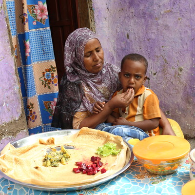 Zenebech Abdu feeding her child a balanced diet (Photo Credit: ILRI\Apollo Habtamu).