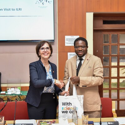 ILRI director general Apollinaire Djikeng and WOAH director general Emmanuelle Soubeyran (photo credit: ILRI/Saleef Nyambok). ILRI director general Apollinaire Djikeng and WOAH director general Emmanuelle Soubeyran (photo credit: ILRI/Saleef Nyambok).