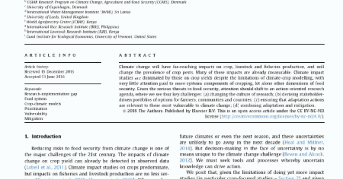 Reducing Risks To Food Security From Climate Change